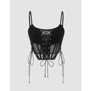 CIDER Mesh Scoop Neck Corset Lace Up Cami Crop Top - S